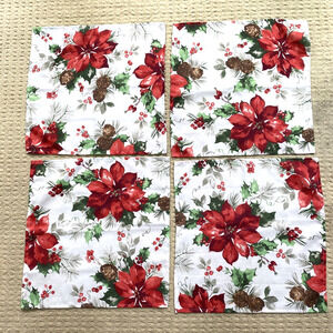 Christmas Napkins holiday themed cloth 4 festive red poinsettias & greenery set